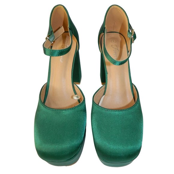 Size 8 Forever Emerald Green Satin Runway Block Heel Closed Toe Shoes Platform - Picture 2 of 16